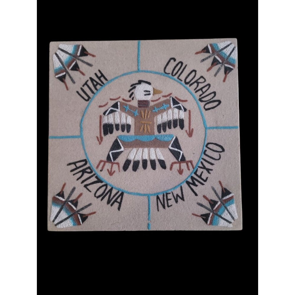 Native American Navajo Sand Painting Four Corners Signed 8x8